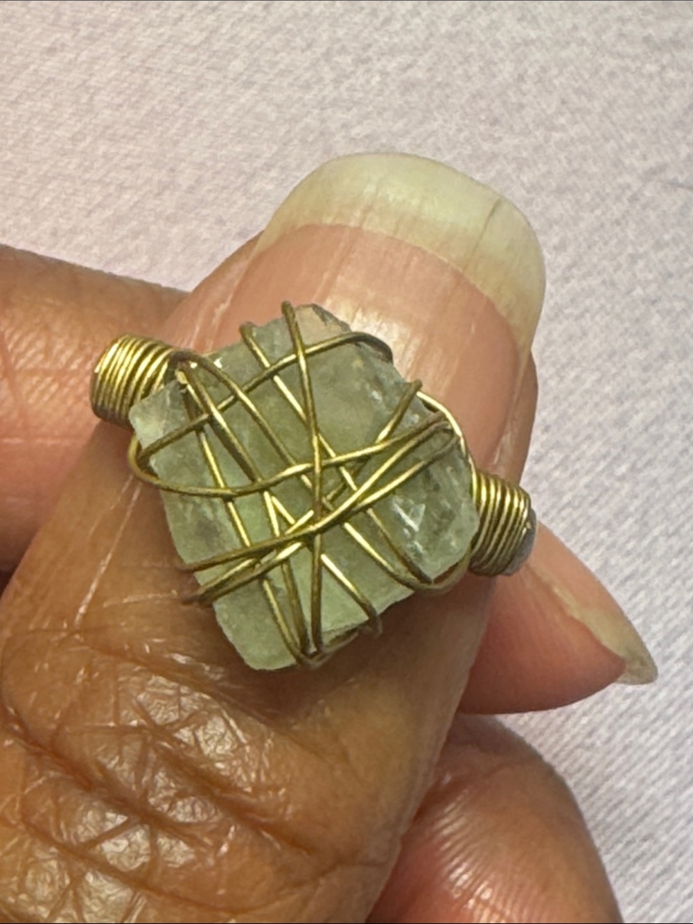 Gold tone wire wrapped adjustable reiki infused fluorite ring